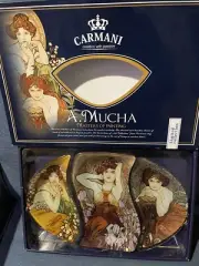 Carmani Glass 3 Pc Serving Set, Alphonse Mucha Series “Master’s Of Painting”-NEW