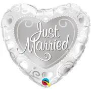 18" Just Married Heart Shaped Balloon, Wedding Balloon, Silver Bridal Balloon