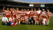 Wigan rugby league captain Ellery Hanley with coach John Monie an - Old Photo