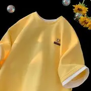 Mock Two-Piece Short-Sleeve Crew Neck Two-Tone Smiley Face T-Shirt Yellow - L