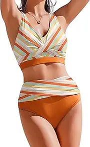 [AI'MAGE] Womens High Waisted Bikini Sets Tummy Control Swimsuit 2 Piece Bathing Suit Color Block Swimwear 2025 Swim Suit