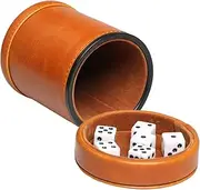 RERIVER Leatherette Dice Cup with Lid Includes 6 Dices, Velvet Interior Quiet in Shaking for Liars Dice Farkle Yahtzee Board Games, Brown