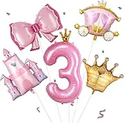 Princess Birthday Decoration Castle Carriage Balloons Kit with 40Inch Number 3 Balloons Crown Bowknot Balloons for Girls 3rd Princess Theme Baby Shower Birthday Favor (number 3 set)