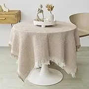 Round Tablecloth for Dining Table, Cotton Table Cover with Tassels for Outdoor Home Farmhouse Party Restaurants, Christmas Valentines Table Decorations (Square, Khaki, 90cm)