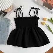 Tie Shoulder Plain Shirred Peplum Camisole Top Black - One Size