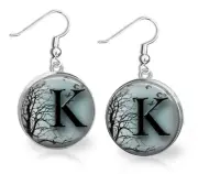 Custom Initial Spooky Scene Dangle Earrings Glass Dome Top 2 Sizes Handmade Gift