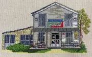 Vintage Finished Cross Stitch Picture of Country Store with Porch and Coke Sign