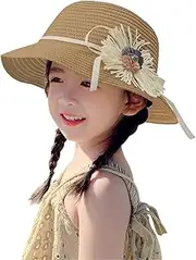 [AUZOEYTOYK] Little Girls Straw Hat Bag Cute Ribbon Sunblock Hat Breathable Summer Travel Beach Cap Sun Protection Packable Caps Wide Brim