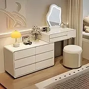 Modern Simple Dressing Table with LED Lights,Bedroom Dressing Table Large Storage Drawer Three-Color Adjustable Mirror White Dressing Table(B-White,80cmx40x75cm)