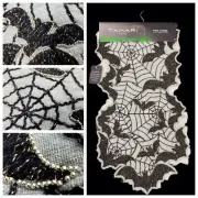Tahari Sparkly Beaded Black & Silver Spiderweb BATS Table Runner 54" Halloween