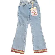 NEW ZANA-DI Girls Light Wash Hippy Bohemian Jeans With Colorful Hem Size 10