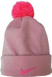 NWT Girls Nike Pink Ribbed Cuffed Pom Pom Beanie Hat Winter Size Big Kids
