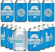 HAPPARTY Dancing Queen Last Disco Bride Bachelorette Can Cooler Sleeves 12Pcs, Music Opera Mia Cold Beverage Drink Sleeves Holder, Glitter Metallic Blue Silver Can Cover for Bridesmaid Party Gift