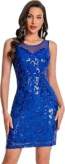 [ODIZLI] Women's Sleeveless Sparkly Sequins Glitters Bodycon Short Dress Prom Homecoming Wedding Dress Illusion Round Neck