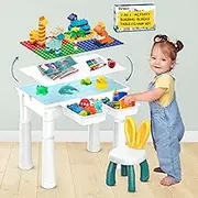 Kids Activity Table and Chair Set, 7 in 1 Multifunctional Building Blocks Table, Sand & Water Sensory Play Table with Storage, Baby Toys, Kids Toys, Toddler Desk for Learning & Play Sensory Montessori