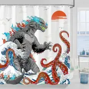Funny Dinosaur Octopus Shower Curtain Fun Cool Gray Red Anime Monster Kraken