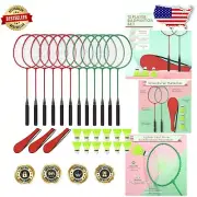 12-Piece Badminton Racket Set with Nylon Shuttlecocks & Carry Bags - Green & Red