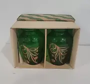 2-Vintage Emerald Green and Gold Mini Bud Vase Green Glass - About 4 Inches Tall