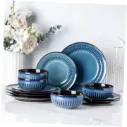 Ceramic Dinnerware Sets,Handcraft Embossed Service for 4（12pcs） Embossed-Blue
