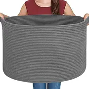 MEGASKET Large Dark Grey Storage Basket, Woven Cotton Rope Baskets for Storage, Big Blanket Organizer Storage Basket for Living Room, Kids Room Toy Storage Organizer Box, Blanket Keeper (22"x14")