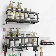 Shower Caddy, Adhesive Improved Shelves [9 Detachable Shower Accessories,Soap Dish], Stainless Steel Bathroom Organizer, Shower Rack Storage for Inside Shower, Black (Black)
