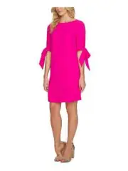 CeCe Tie Cuff 3/4-Sleeve Crew Neck Shift Dress Women's 2 Garden Rose Back Zip