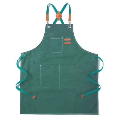Canvas Cross Back Chef Cotton Aprons for Men Women with Large Pockets (Green)