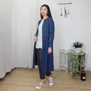 【Hana Mokuba】花木馬日系女裝圓領襯衫式綁帶收腰牛仔洋裝外套(洋裝)