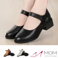 在飛比找momo購物網優惠-【MOM】真皮跟鞋 粗跟鞋/真皮細緻牛皮小圓頭淺口魔鬼粘百搭