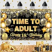 Black Gold 18th Birthday Banner Party Decorations for Boys Girls Time To Adult Happy 18th Birthday Backdrop Large 18 Eighteen Years Old Birthday Photography Background Party Supplies, 73" X 43"