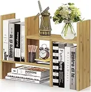 Office Desktop Bookshelf Adjustable Large Wood Display Shelf Desktop Organizer Office Storage Rack Countertop Bookcase Office Supplies Desk Organizer Accessories (Light Walnut)
