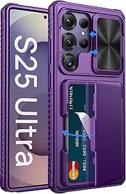 [Vihibii] for Samsung Galaxy S25 Ultra Case with Card Holder (4 Cards), [RFID Blocking] & Slide Camera Cover & Raised Edge Protect Screen, Shockproof Rugged Phone Case for Samsung Galaxy S25 Ultra, Blue