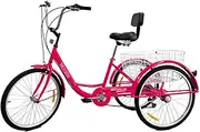 Tricycle for Adults, 24in Adult Tricycle 3Wheel+Seat Backrest Three Wheel Cruiser Bike for Recreation Shopping Picnics Exercise Men's Women's