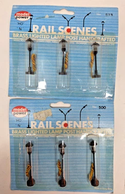Model Power 593 & 500 Brass Lighted Lamp Post (6) Train N or HO Scale Rail Scene