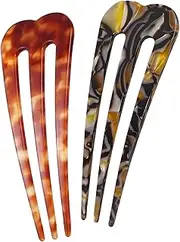HYFEEL Large French Hair Pins for Women, 3-Prong French Pins for Thick Hair, U Shaped Hair Forks, French Twist Hair Pin Clips, Updo Hair Sticks for Buns, 2 Pcs (Tortoise, Brown)