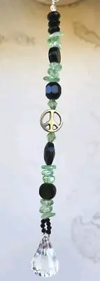 Beaded Suncatcher "Peace 'n Chocolate Chips" theme Clear Crystal Prism Hanging