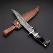 Custom Handmade Damascus Steel Blade Bowie Knife Buffalo Horn Handle