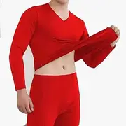 [ZJJJSKJ] AB Double-Sided German Velvet Seamless Thermal Underwear Men's Suit Autumn and Winter Thin Bodysuit Bottoming Underwear Breathable Long Sleeve Top Trousers(Size:XX-Large,Color:red)
