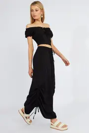 Black Maxi Skirt Side Ruched - Size 8, Women's Maxi Skirt