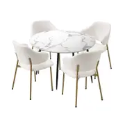 Oikiture 5PCS Dining sets 110cm Round Table with Chairs Sherpa White&Gold