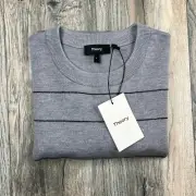 THEORY Kenny Merino Wool Sweater Grey Striped Crew Pullover Men’s L Large NEW