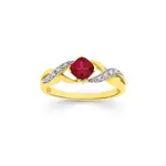 9ct Gold, Created Ruby & Diamond Cushion Cut Ring in Red