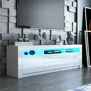TV Cabinet Entertainment Unit Storage 2 Doors & 2 Drawers RGB LED Light High Gloss Front Wooden Modern 200cm - White
