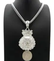 Silver PT Iced Large $ Money Bag Pendant & 6mm 24" 30" Cuban Chain Necklace