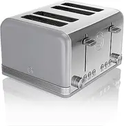Swan ST19020GRN Retro 4-Slice Toaster with Defost/Reheat/Cancle Functions, Cord Storage, 1600W, Retro Grey