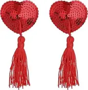 [nrougdit] 1 Pair Women Reusable Breast Pasties, Heart-Shaped Breast Bra with Sequins Tassel Adhesive Red, Red
