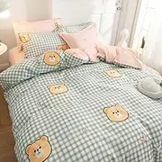 Cute Bear Kids Bedding Set Geometry Green Plaid Printed Quilt Cover Soft Comfy Pink Lining Duvet Cover Queen Single King Size Quilt Cover Set for Adult Grils Teen,Queen(210x210cm)