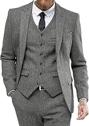 [JEShifangjiusu] Tweed Herringbone Wedding Suit Tuxedos Ball 3 Pieces Peak Lapel Wedding Dress Jacket Vest Pants Evening Outfit, Light grey, M
