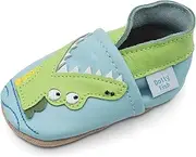 [Dotty Fish] Soft Leather Baby Shoes for Boys. Toddler Shoes. Non Slip. Animal Designs for Boys and Girls. 0-6 Months - 4-5 Years, Crocodile, 0-6 Months