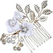 [Generic] Bridal Leaf Flower Hair Comb Pearl Flower Side Comb Rhinestone Headpiece Decorative Hair Accessories For Women And Headdress (White, One size)